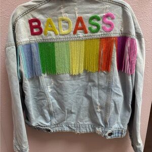 Badass Hand Beaded Colorful Fringe Denim Jacket by Tiana NWT